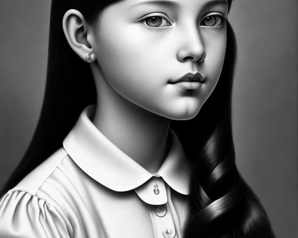 Monochromatic portrait of young girl with long wavy hair and collared shirt
