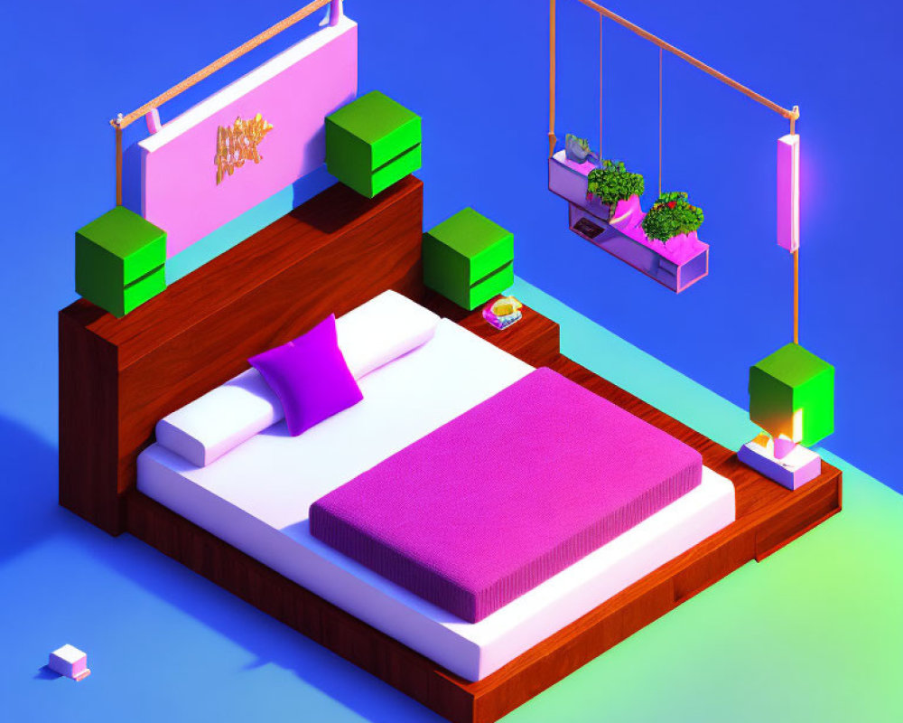 Modern Bedroom with Wooden Bed, Pink Bedding, Green Side Tables, Hanging Plant Shelf, Colorful