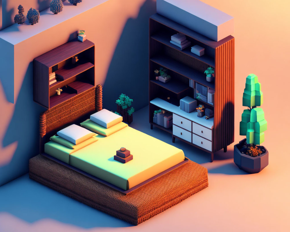 Stylized 3D-rendered room with wicker bed, wooden bookshelves, and