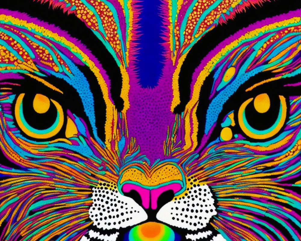 Colorful Psychedelic Tiger Face Illustration with Hypnotic Details