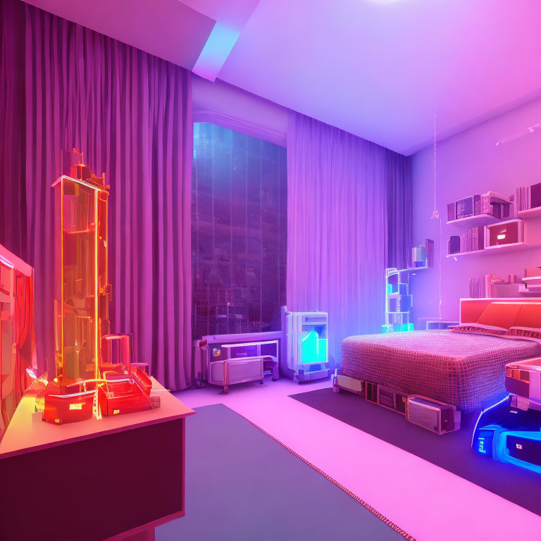 Modern bedroom with neon lights, modern furniture, and city view at dusk