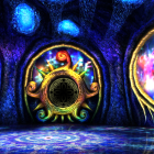 Colorful digital art of three luminescent portals in a mystic cave