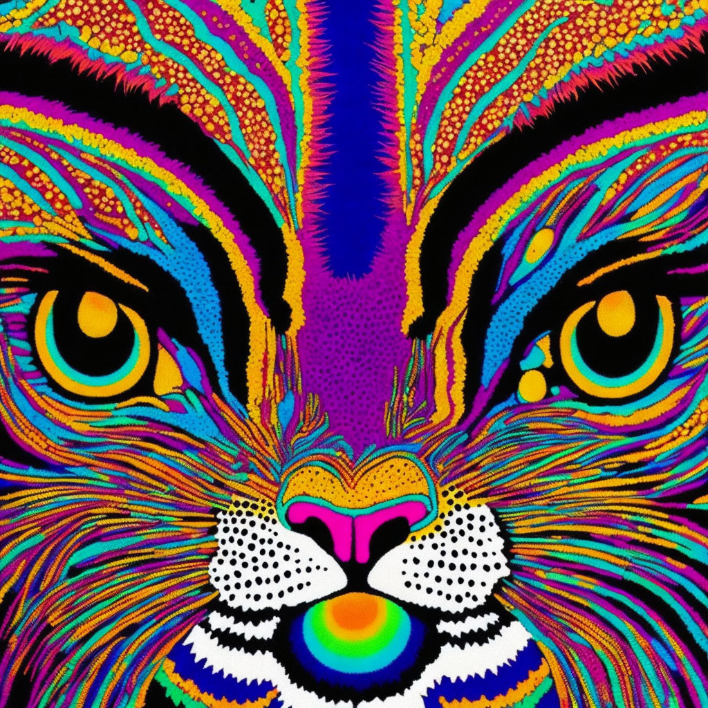 Colorful Psychedelic Tiger Face Illustration with Hypnotic Details