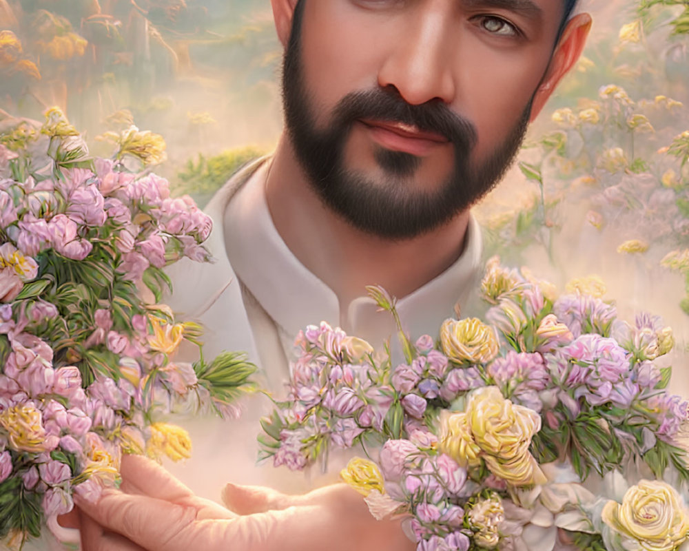 Blue-bearded Man Holding Pink and Yellow Flowers in Serene Landscape