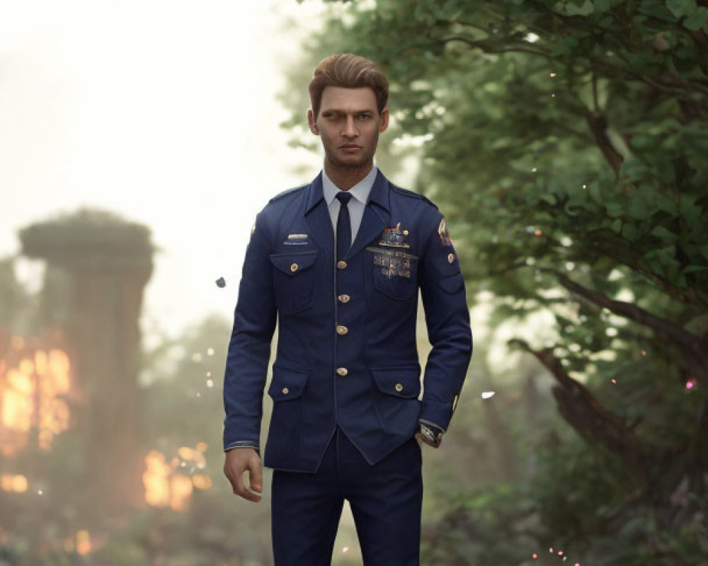 Decorated man in navy blue military uniform in ethereal garden with sunlight.