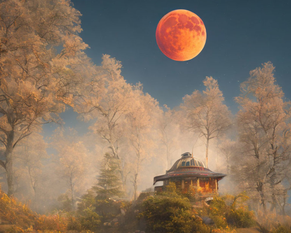 Cozy round house in autumnal setting under red moon