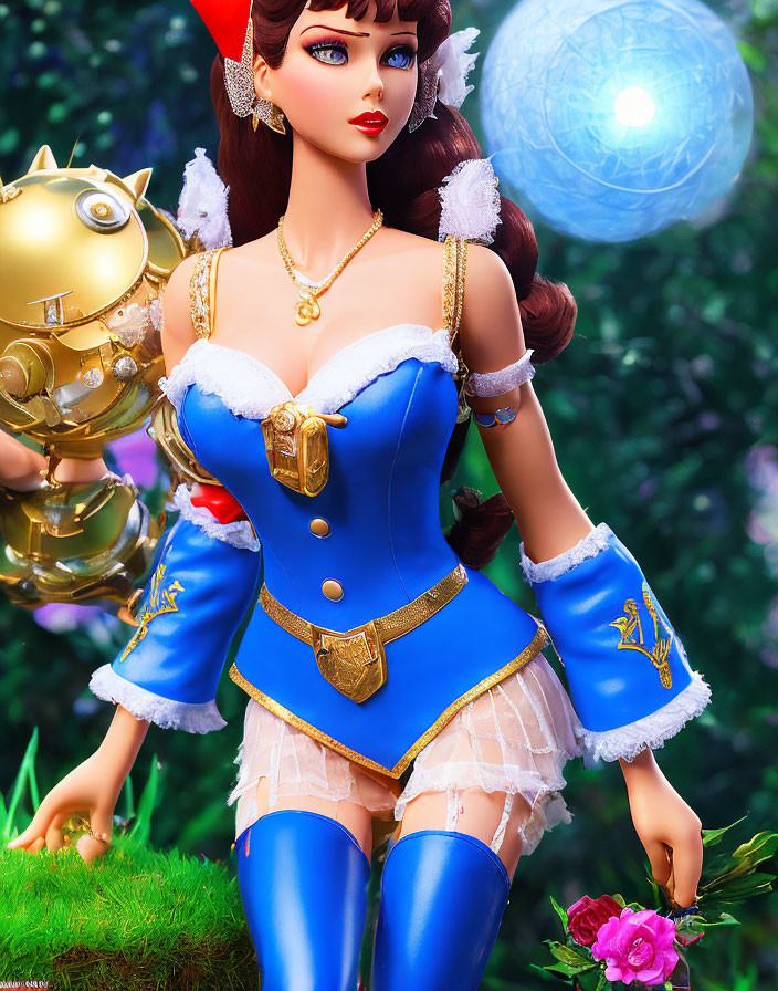 Detailed Illustration of Female Character in Blue and Gold Outfit