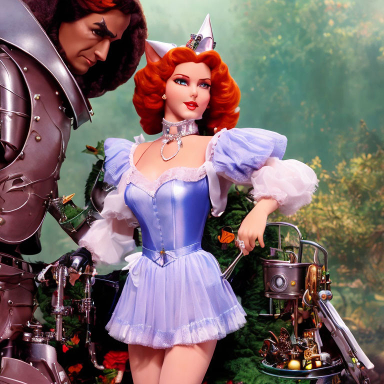 Detailed Red-Haired Doll in Fantasy Costume with Knight Armor in Forest Setting