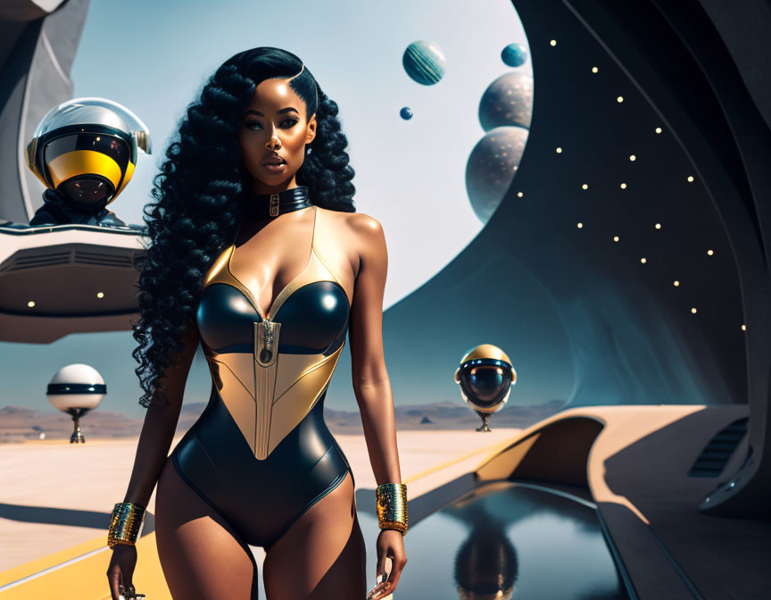 Futuristic woman in sleek bodysuit on spaceport with hovering ships