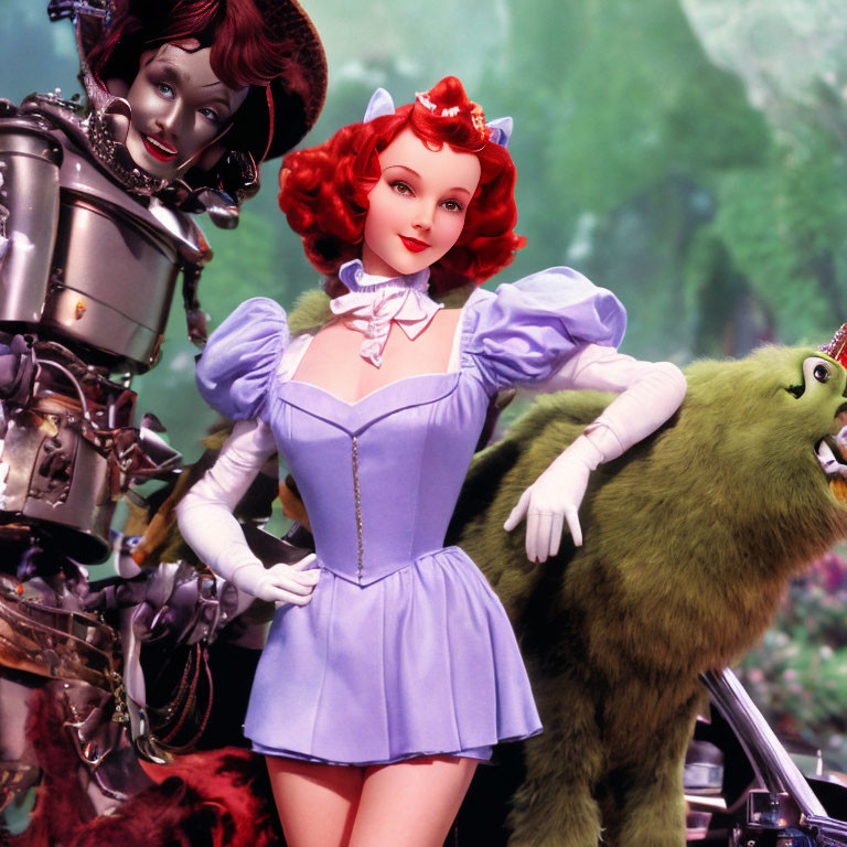 Stylized portrayal of Tin Man-like character, red-haired woman, and green furry creature