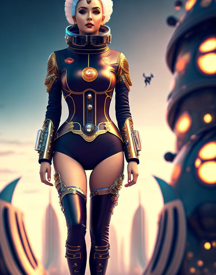 Futuristic woman in black and gold suit with advanced structures and flying vehicle in dusk setting