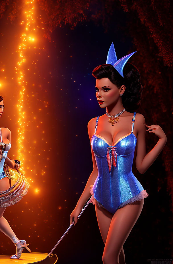 Stylized vintage pin-up characters in blue outfits on dark background