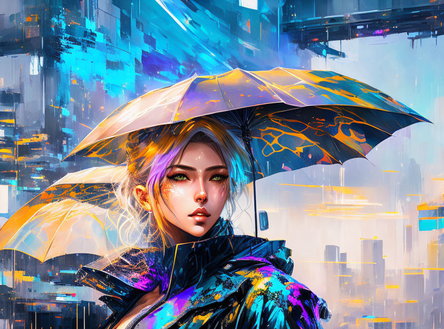 Digital artwork: Woman with umbrella in futuristic cityscape