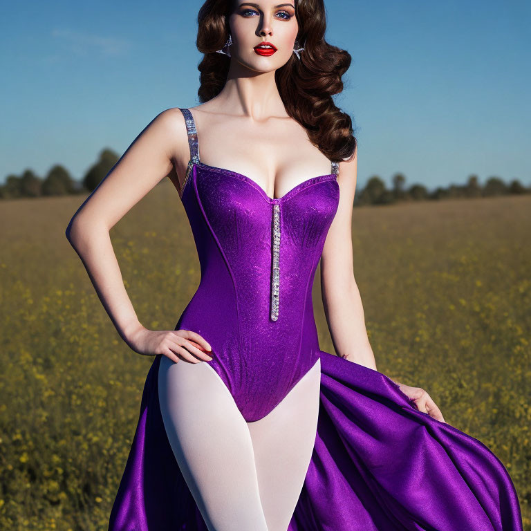Woman in Purple and White Corseted Dress Poses in Field under Clear Blue Sky