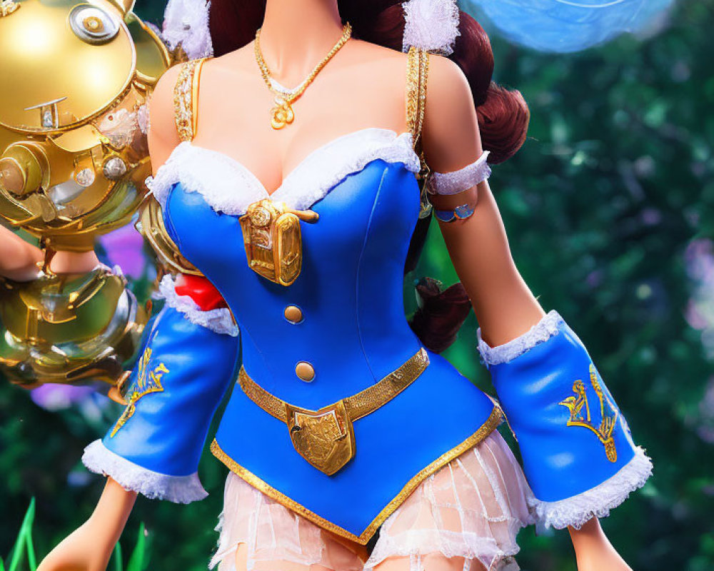 Detailed Illustration of Female Character in Blue and Gold Outfit