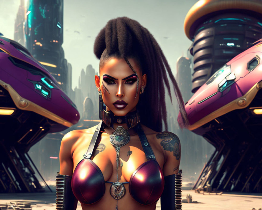 Futuristic woman with bold makeup and tattoos in front of futuristic cityscape