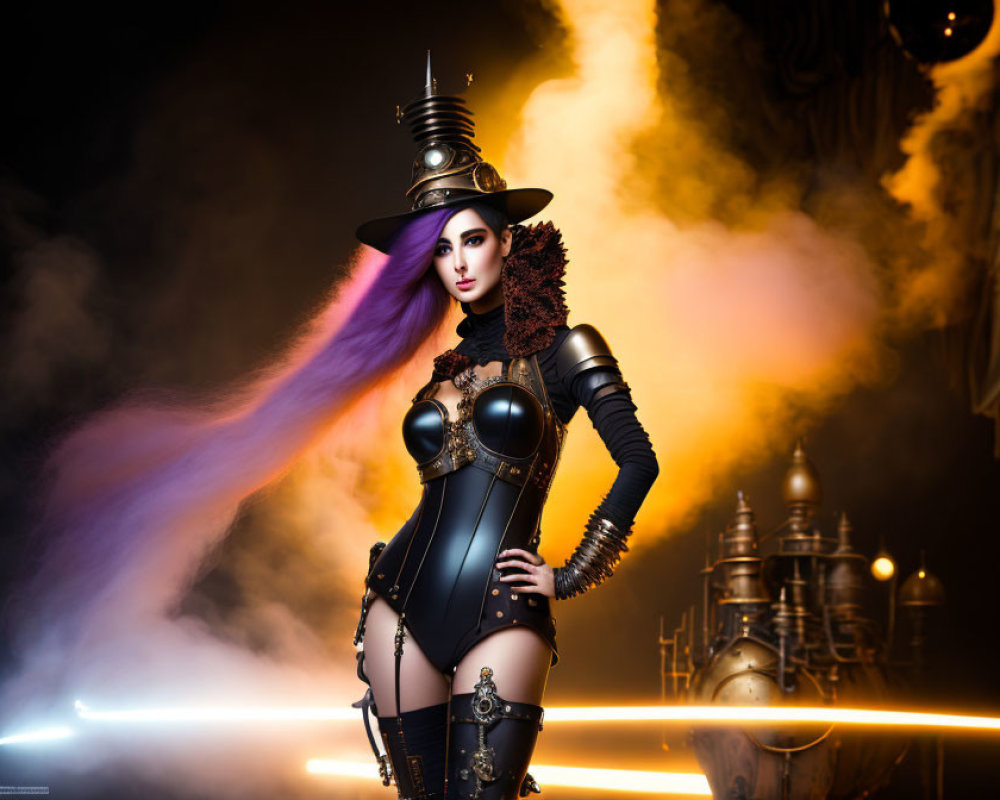 Steampunk-inspired woman with top hat, violet hair, and dark armor in moody backdrop.