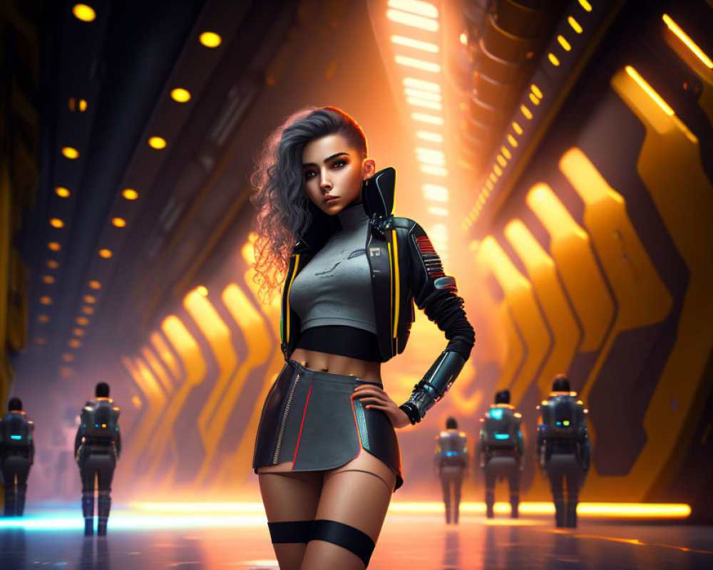 Purple-haired female character in futuristic attire among marching robots in neon-lit corridor