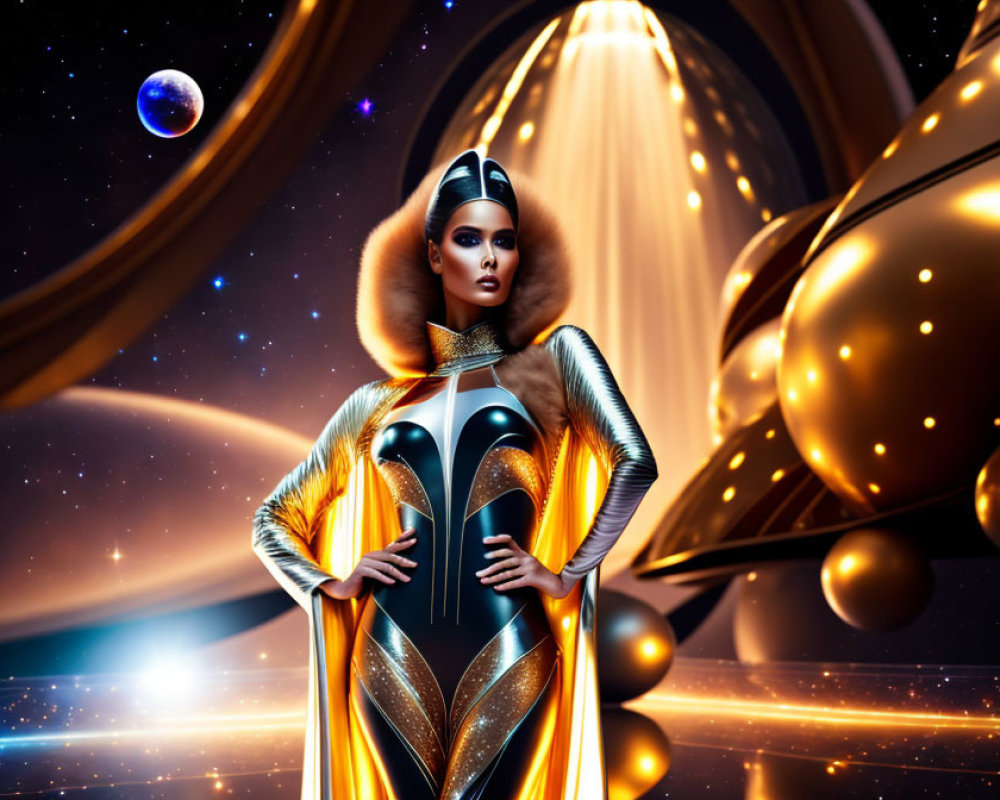 Futuristic woman in metallic bodysuit against cosmic backdrop