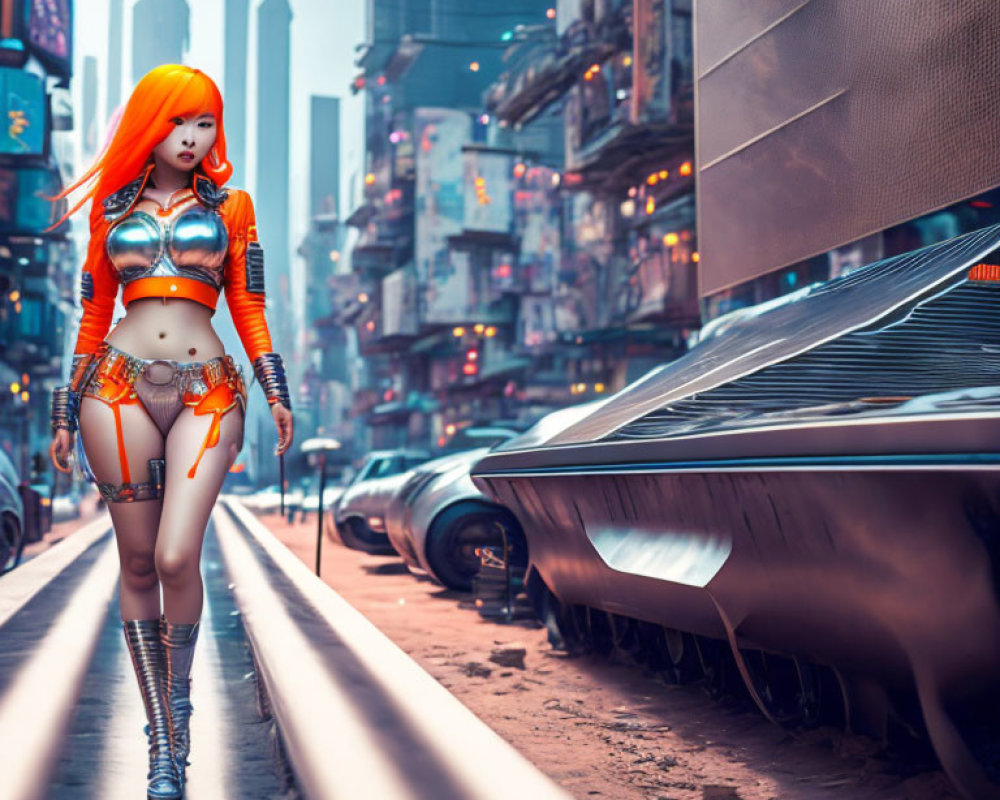 Futuristic woman with orange hair in silver sci-fi attire on neon-lit city street