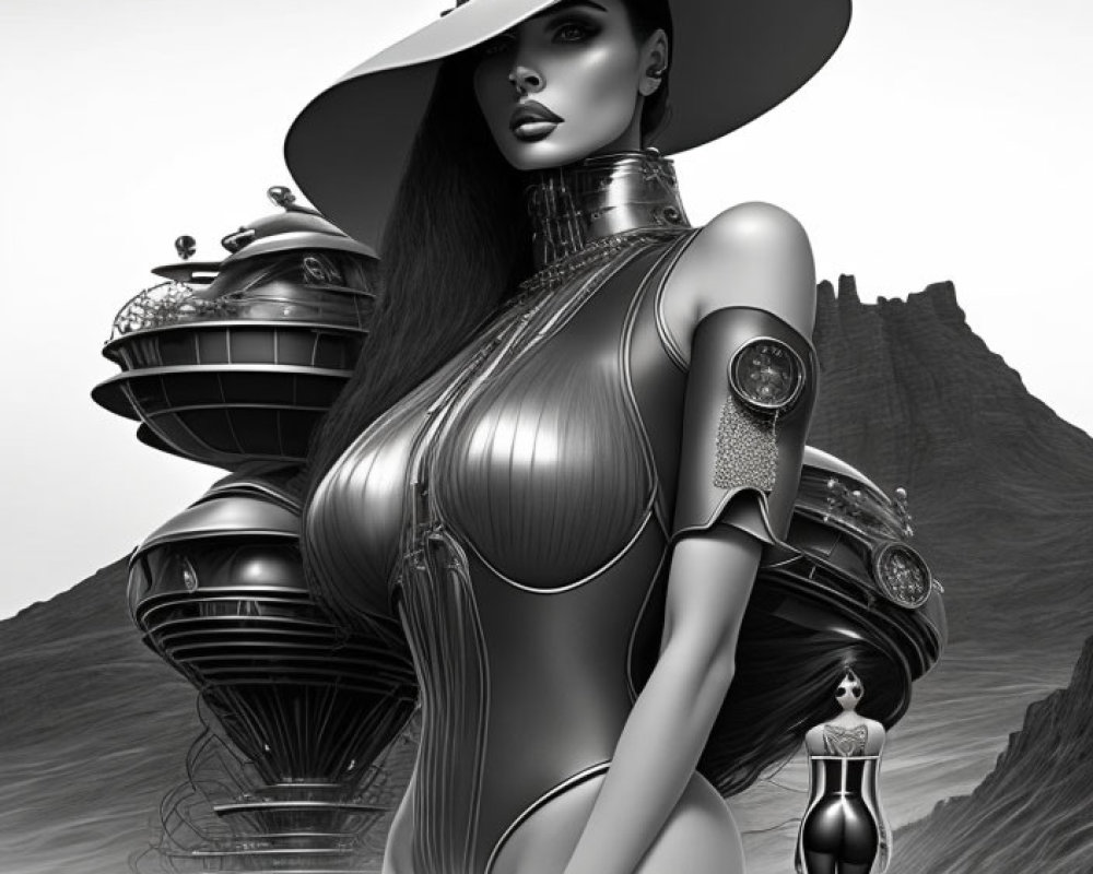 Monochromatic futuristic woman with robotic features in wide-brimmed hat against stylized background