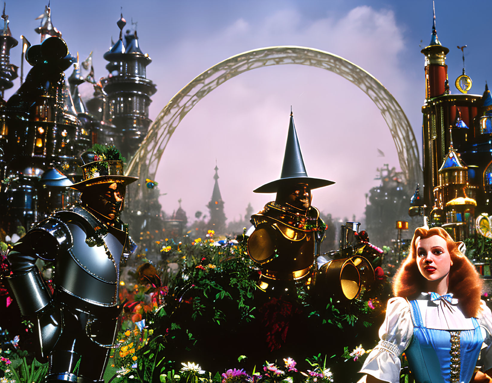 Vibrant fantasy scene with robotic Tin Man, Scarecrow, and Dorothy surrounded by colorful flowers