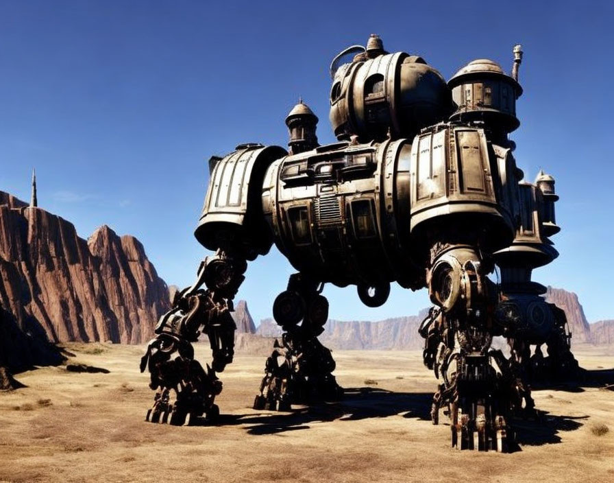 Six-legged walker robot navigating desert landscape with rocky outcrops under blue sky