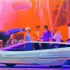 Futuristic cityscape with neon lights and woman next to futuristic car under purple and orange sky