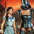 Stylized female figures as Snow White and futuristic robot against fiery industrial backdrop