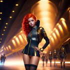 Purple-haired female character in futuristic attire among marching robots in neon-lit corridor