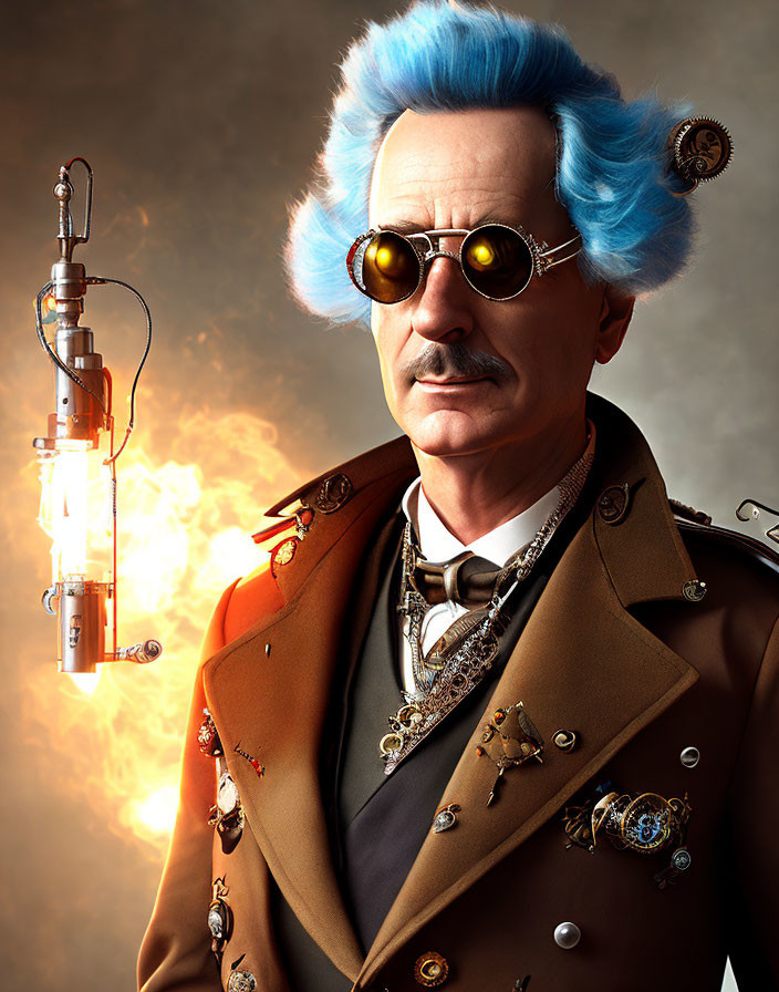 Steampunk man with blue hair and mechanical arm in fiery setting