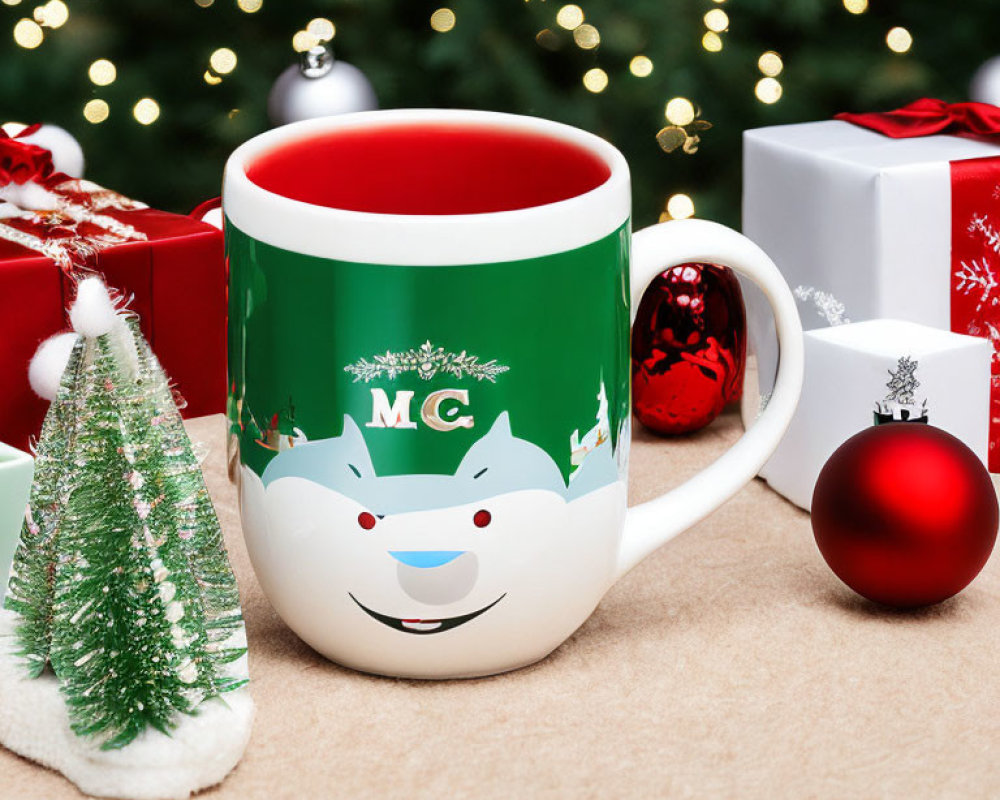 Snowman-themed festive mug surrounded by Christmas decorations and twinkling lights
