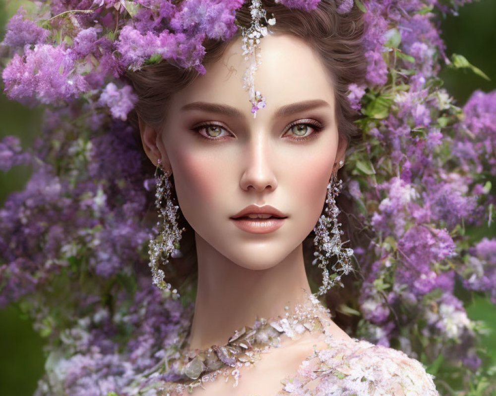 Woman adorned with purple flowers and intricate jewelry details