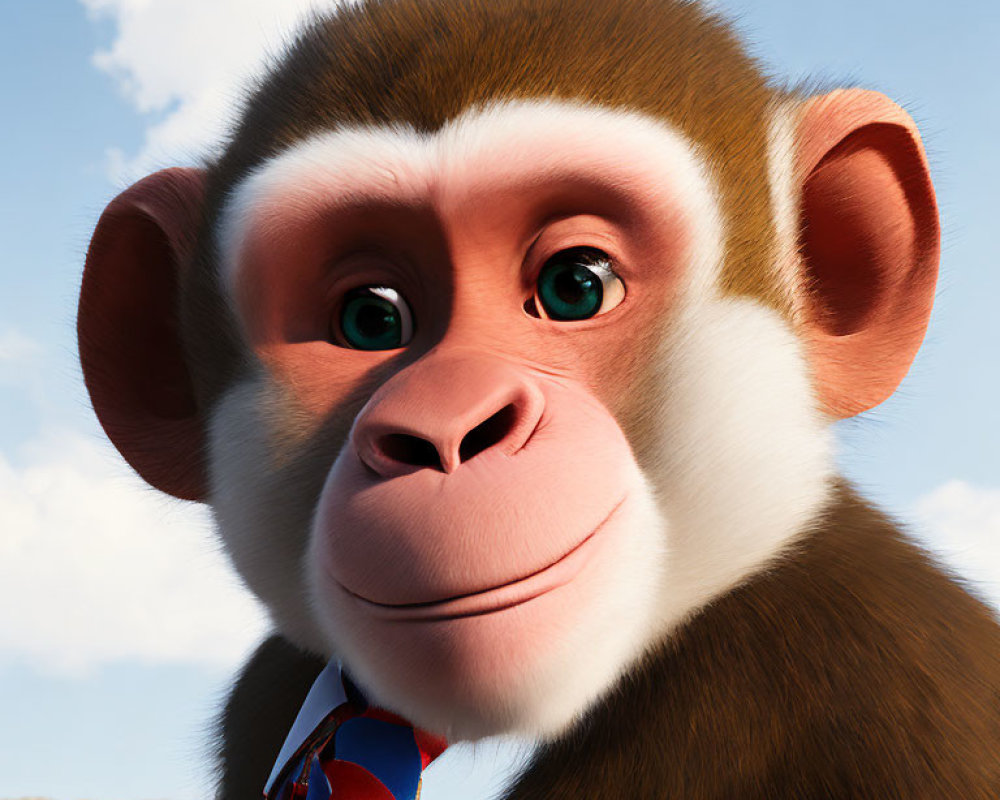 Cartoon monkey with tie smiling against sky backdrop