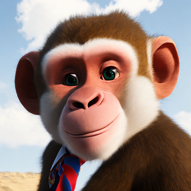 Cartoon monkey with tie smiling against sky backdrop