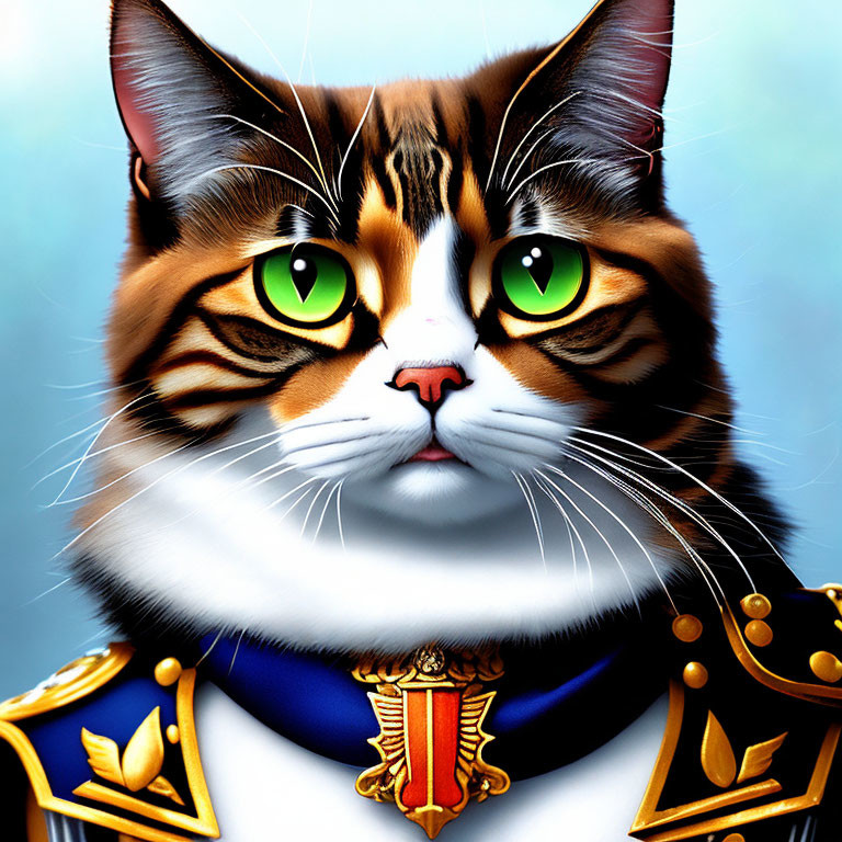 Detailed Digital Artwork: Cat with Green Eyes in Blue & Gold Uniform