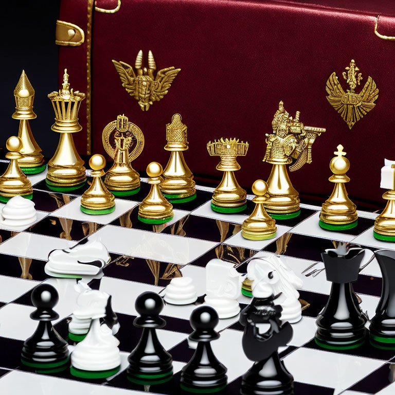 Luxury Chess Set with Gold and Silver Pieces on Glossy Board & Elegant Maroon Handbag with