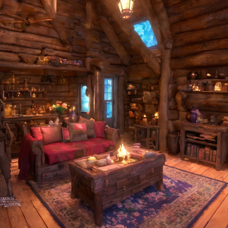 Rustic cabin interior with red sofa, wood furnishings, candles