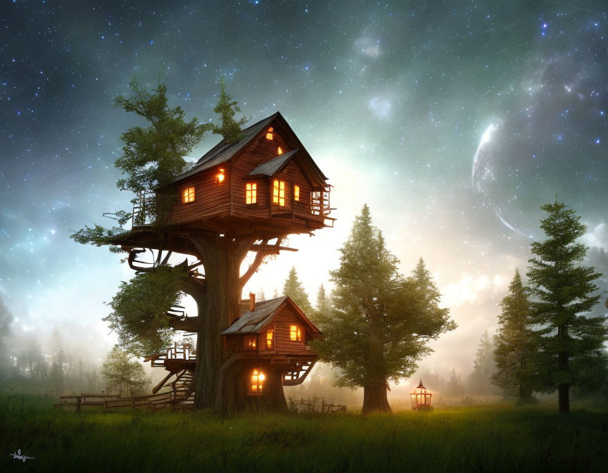 Glowing Treehouse in Twilight Forest with Starry Sky