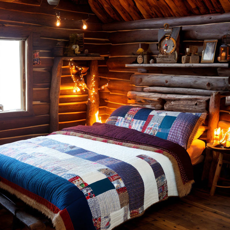 Rustic log cabin bedroom with patchwork quilt and warm lighting