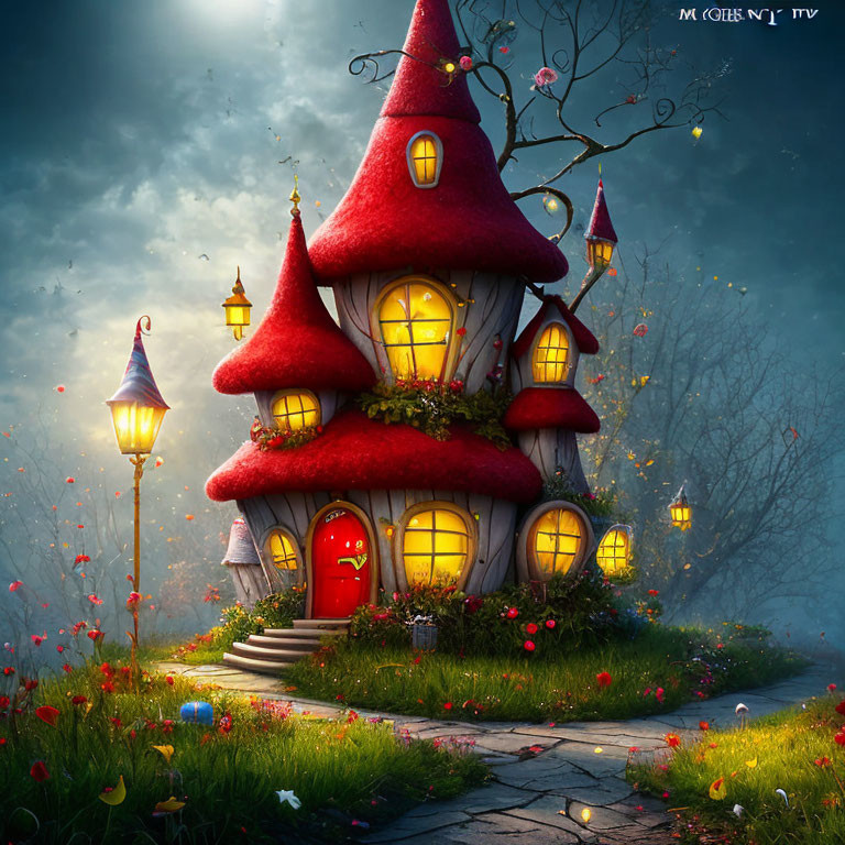 Red-capped fantasy mushroom house in night garden with glowing windows