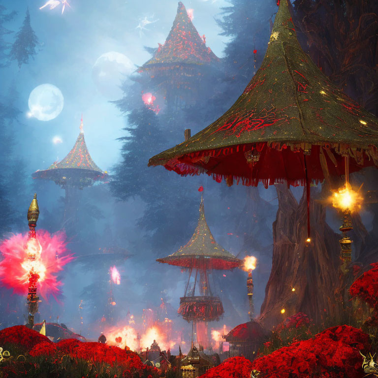 Enchanting night forest with red flowers and floating lights