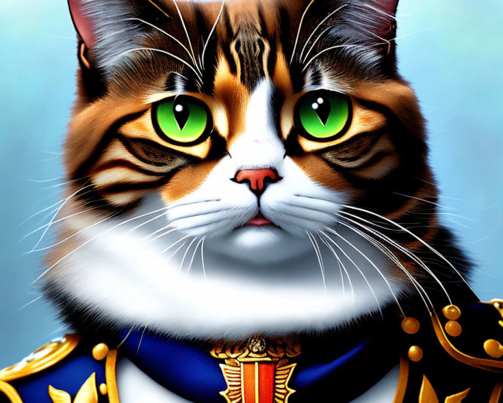 Detailed Digital Artwork: Cat with Green Eyes in Blue & Gold Uniform