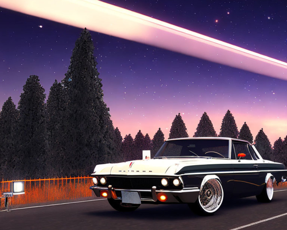 Vintage black and white car parked under starry sky with meteor-like light streak.