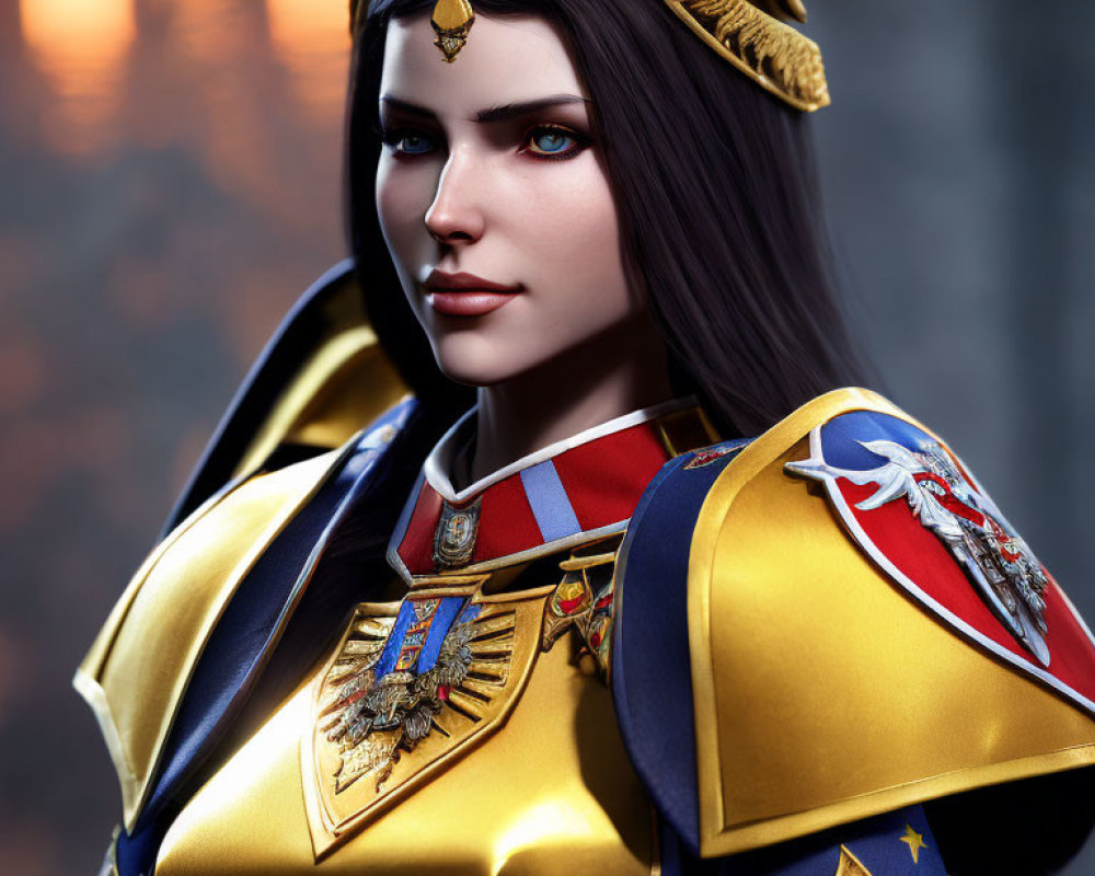 Detailed 3D illustration of woman in ornate royal armor and crown