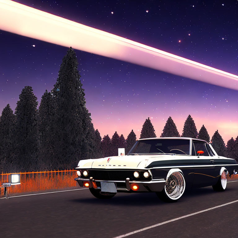 Vintage black and white car parked under starry sky with meteor-like light streak.