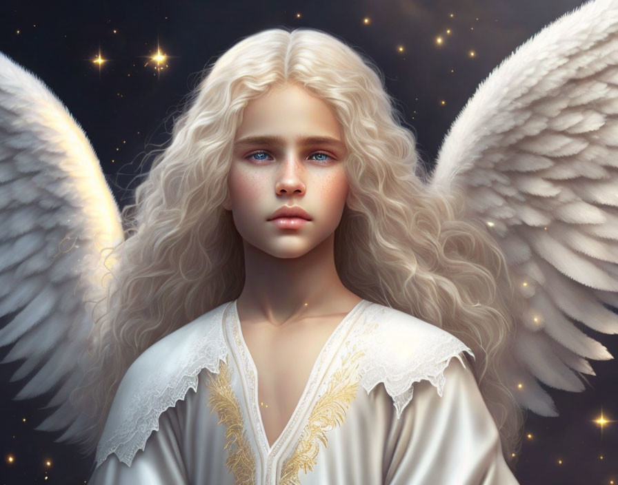 Blonde angel with blue eyes, white wings, and golden robe in starry setting