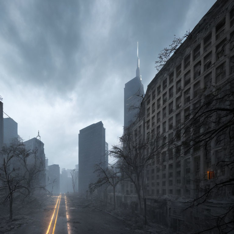 Desolate city street at dawn with fog, sunbeam, and desolate buildings
