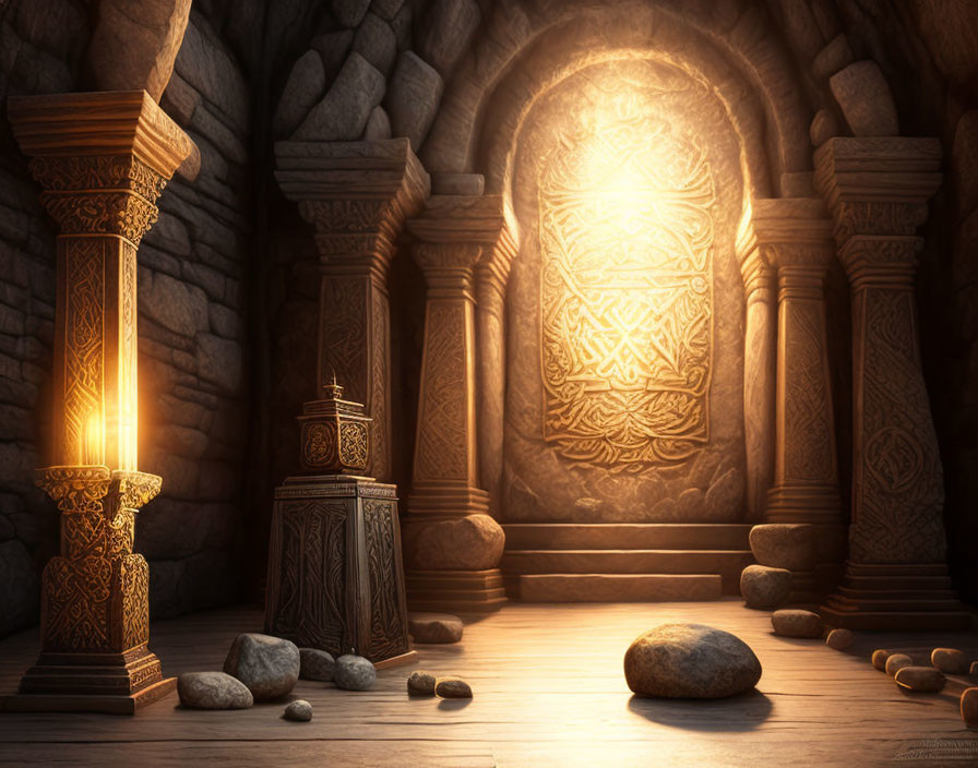 Mystical chamber with stone pillars, magical seal, and lit brazier
