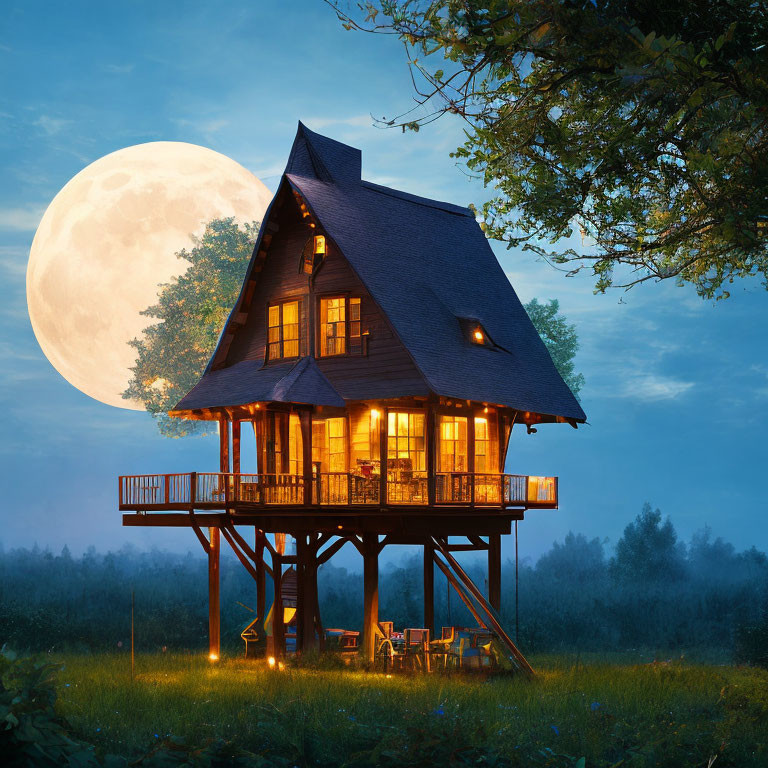 Wooden treehouse at twilight with full moon & lush greenery